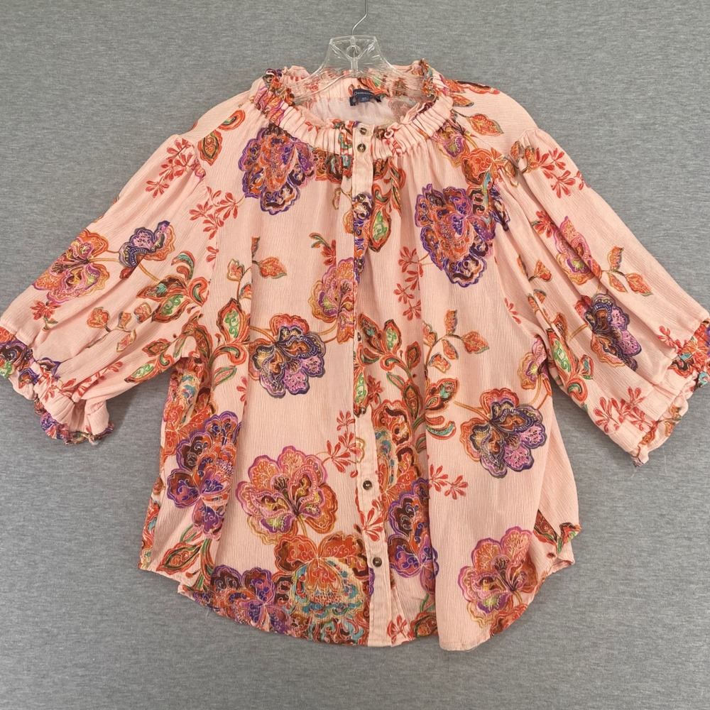 Democracy Flowy Boho Top Blouse Womens 2X Pink Floral Ruffle Neck Plus Size
